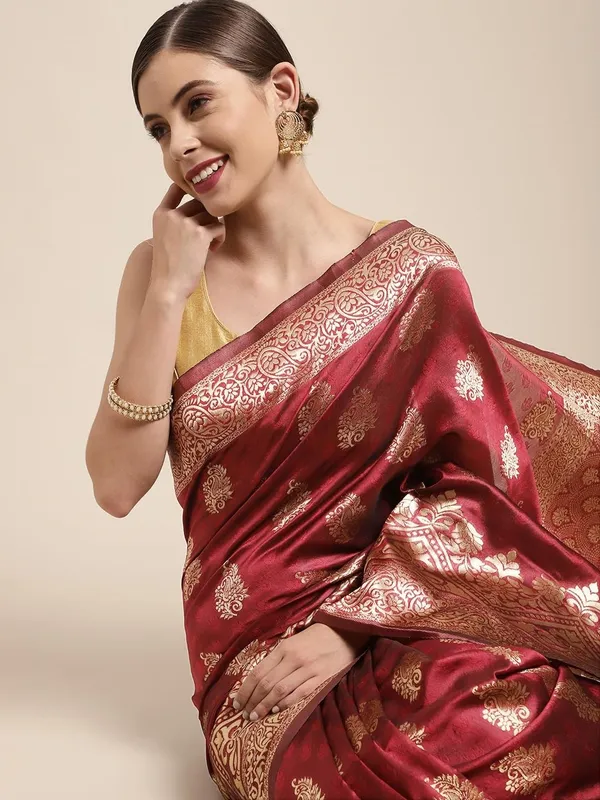 Maroon_Polyester_Silk_Jacquard_Premium_&_Elegant_(_Zari_Border_)_Banarasi_Plain_Border_Saree_With_Blouse_Piece_For_Women