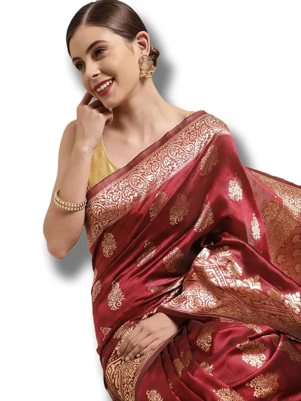 Maroon_Polyester_Silk_Jacquard_Premium_&_Elegant_(_Zari_Border_)_Banarasi_Plain_Border_Saree_With_Blouse_Piece_For_Women