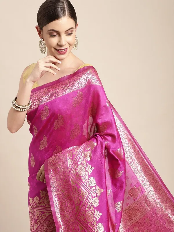 Pink_Polyester_Silk_Jacquard_Premium_&_Elegant_(_Zari_Border_)_Banarasi_Plain_Border_Saree_With_Blouse_Piece_For_Women