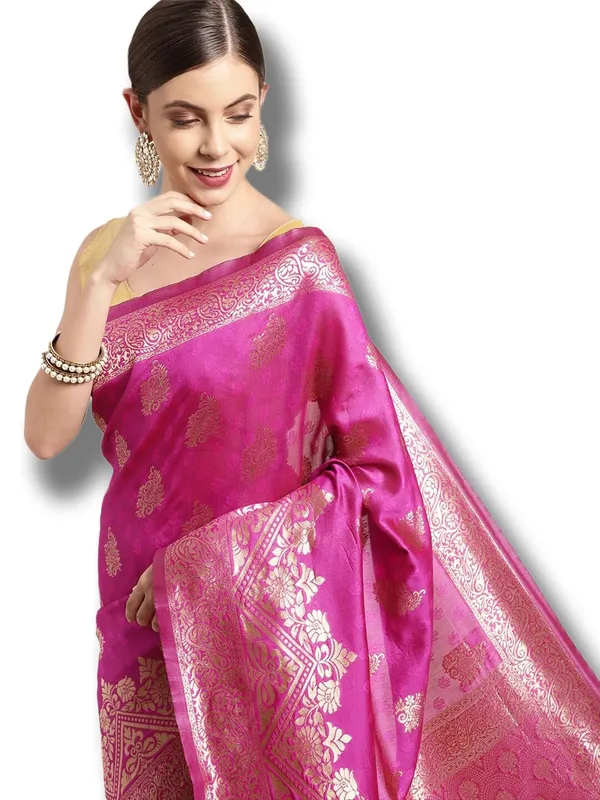 Pink_Polyester_Silk_Jacquard_Premium_&_Elegant_(_Zari_Border_)_Banarasi_Plain_Border_Saree_With_Blouse_Piece_For_Women