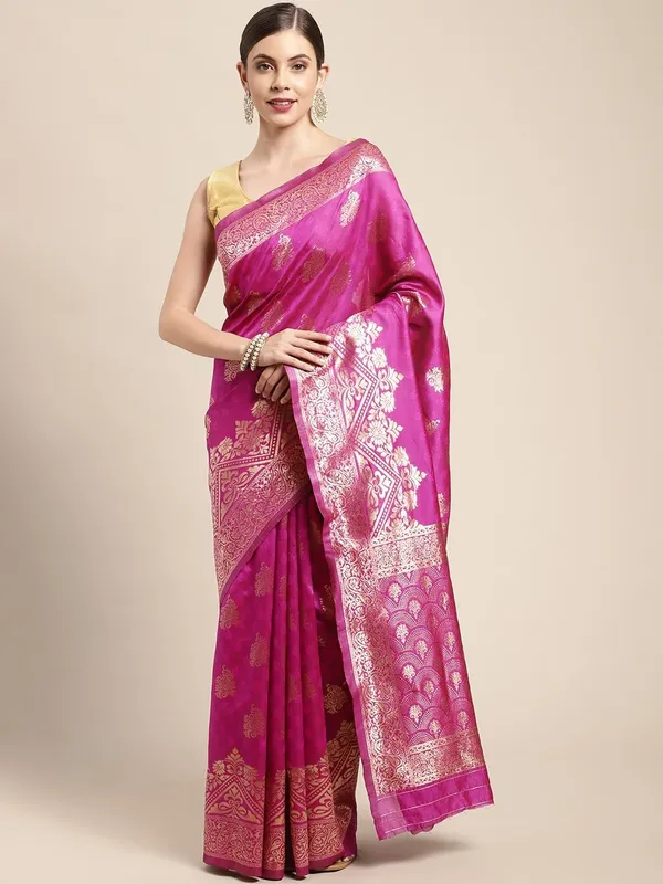 Pink_Polyester_Silk_Jacquard_Premium_&_Elegant_(_Zari_Border_)_Banarasi_Plain_Border_Saree_With_Blouse_Piece_For_Women