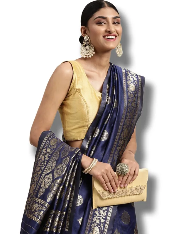 Navy_Blue_Polyester_Silk_Jacquard_Premium_&_Elegant_(_Zari_Border_)_Banarasi_Plain_Border_Saree_With_Blouse_Piece_For_Women