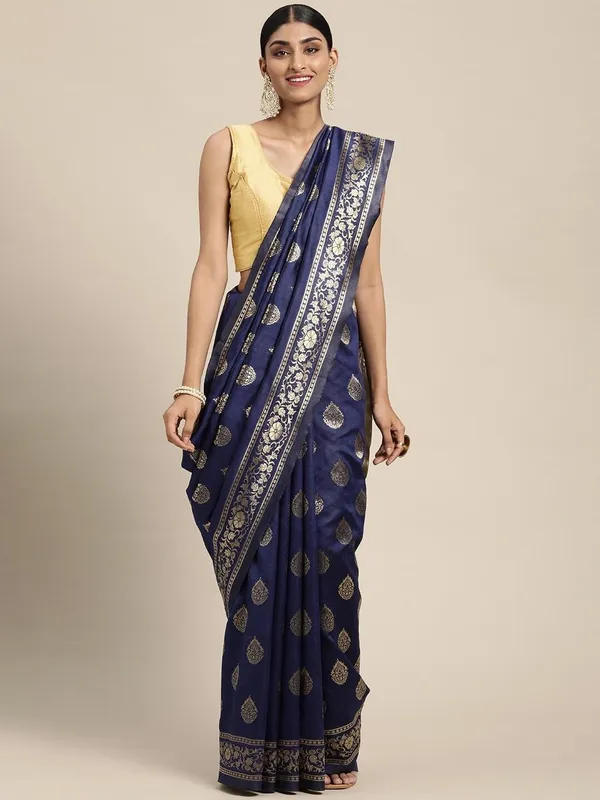 Navy_Blue_Polyester_Silk_Jacquard_Premium_&_Elegant_(_Zari_Border_)_Banarasi_Plain_Border_Saree_With_Blouse_Piece_For_Women