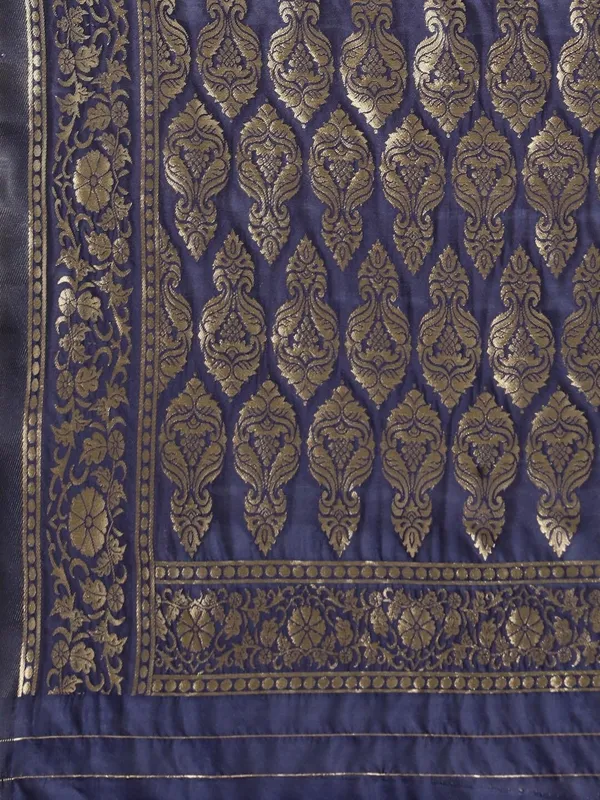 Navy_Blue_Polyester_Silk_Jacquard_Premium_&_Elegant_(_Zari_Border_)_Banarasi_Plain_Border_Saree_With_Blouse_Piece_For_Women
