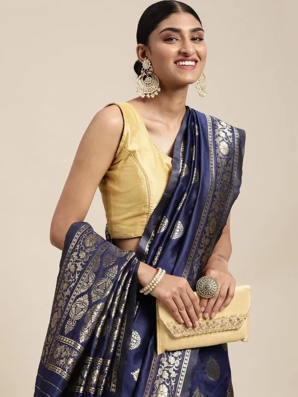 Navy_Blue_Polyester_Silk_Jacquard_Premium_&_Elegant_(_Zari_Border_)_Banarasi_Plain_Border_Saree_With_Blouse_Piece_For_Women