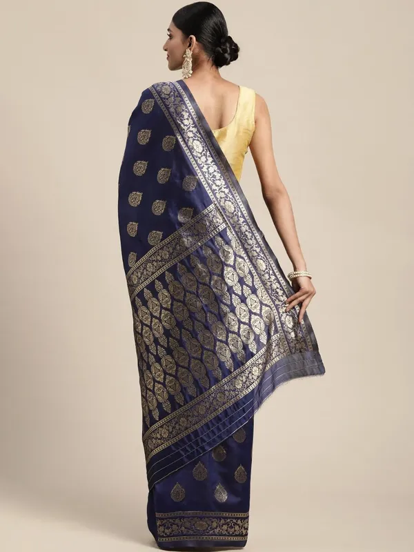 Navy_Blue_Polyester_Silk_Jacquard_Premium_&_Elegant_(_Zari_Border_)_Banarasi_Plain_Border_Saree_With_Blouse_Piece_For_Women