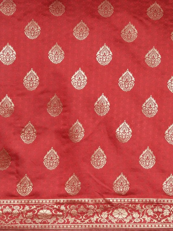 Ruby_Red_Polyester_Silk_Jacquard_Premium_&_Elegant_(_Zari_Border_)_Banarasi_Plain_Border_Saree_With_Blouse_Piece_For_Women