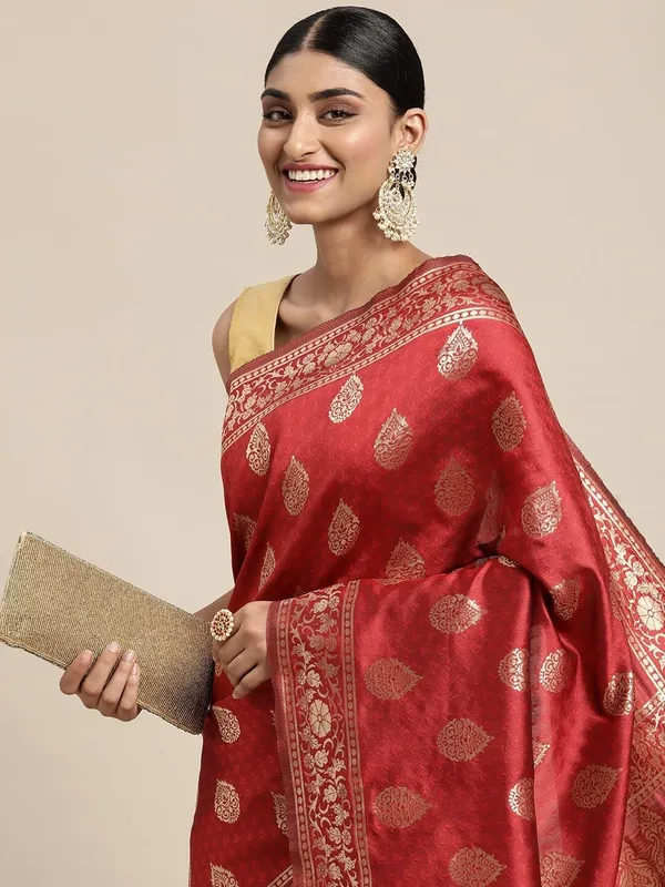 Ruby_Red_Polyester_Silk_Jacquard_Premium_&_Elegant_(_Zari_Border_)_Banarasi_Plain_Border_Saree_With_Blouse_Piece_For_Women