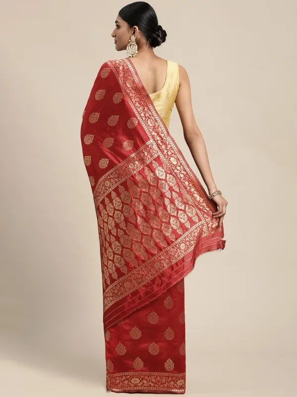 Ruby_Red_Polyester_Silk_Jacquard_Premium_&_Elegant_(_Zari_Border_)_Banarasi_Plain_Border_Saree_With_Blouse_Piece_For_Women