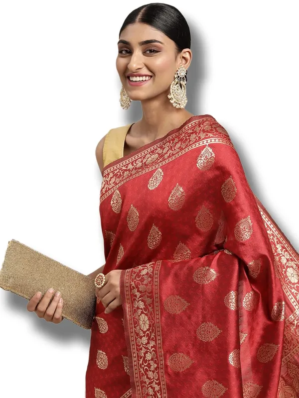 Ruby_Red_Polyester_Silk_Jacquard_Premium_&_Elegant_(_Zari_Border_)_Banarasi_Plain_Border_Saree_With_Blouse_Piece_For_Women