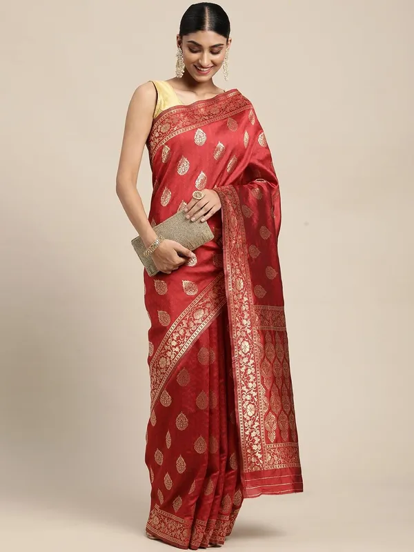 Ruby_Red_Polyester_Silk_Jacquard_Premium_&_Elegant_(_Zari_Border_)_Banarasi_Plain_Border_Saree_With_Blouse_Piece_For_Women
