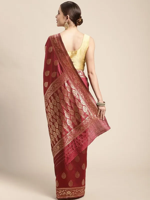 Bright_Maroon_Polyester_Silk_Jacquard_Premium_&_Elegant_(_Zari_Border_)_Banarasi_Plain_Border_Saree_With_Blouse_Piece_For_Women