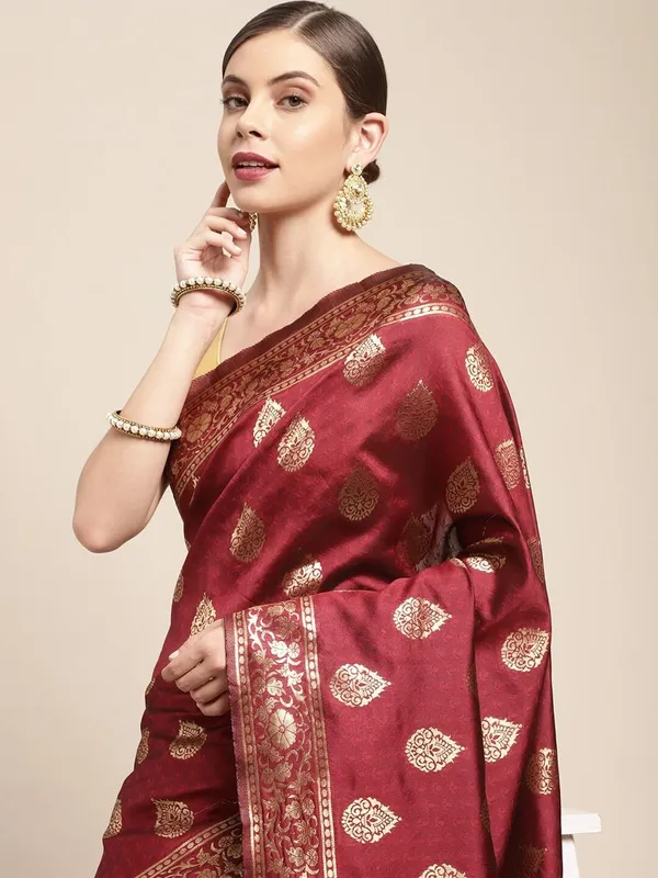 Bright_Maroon_Polyester_Silk_Jacquard_Premium_&_Elegant_(_Zari_Border_)_Banarasi_Plain_Border_Saree_With_Blouse_Piece_For_Women