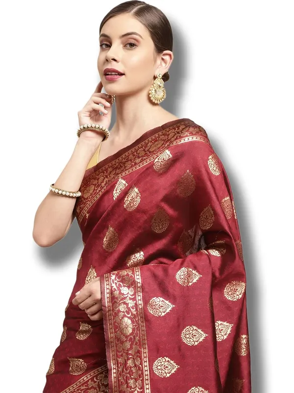 Bright_Maroon_Polyester_Silk_Jacquard_Premium_&_Elegant_(_Zari_Border_)_Banarasi_Plain_Border_Saree_With_Blouse_Piece_For_Women