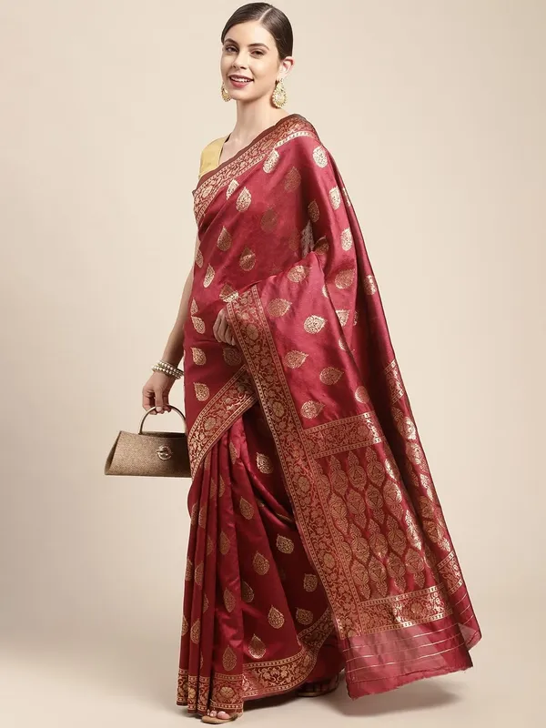 Bright_Maroon_Polyester_Silk_Jacquard_Premium_&_Elegant_(_Zari_Border_)_Banarasi_Plain_Border_Saree_With_Blouse_Piece_For_Women