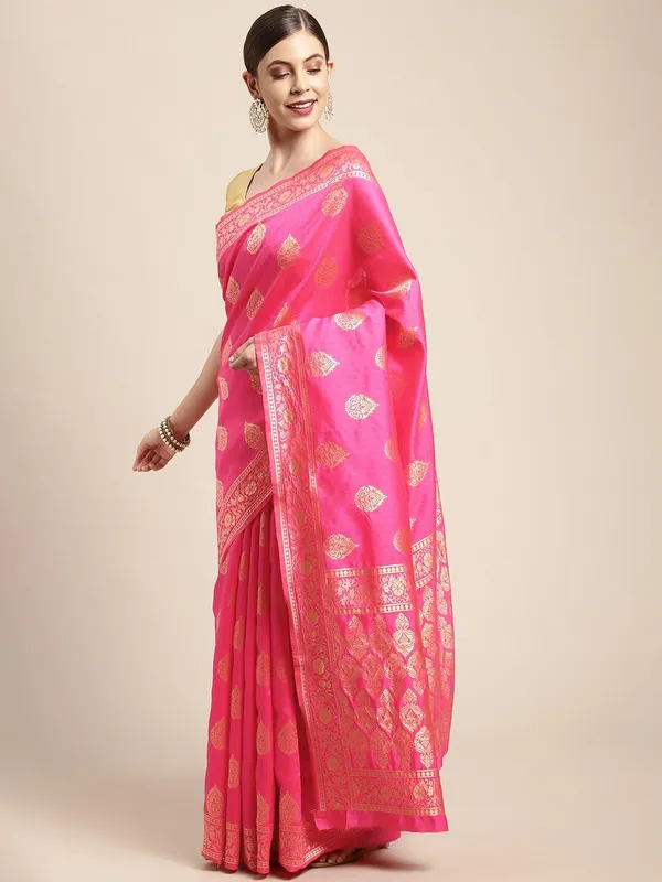 Maroon_&_Pink_Polyester_Silk_Jacquard_Premium_&_Elegant_(_Zari_Border_)_Banarasi_Plain_Border_Saree_With_Blouse_Piece_For_Women