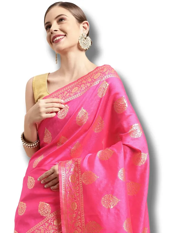 Maroon_&_Pink_Polyester_Silk_Jacquard_Premium_&_Elegant_(_Zari_Border_)_Banarasi_Plain_Border_Saree_With_Blouse_Piece_For_Women