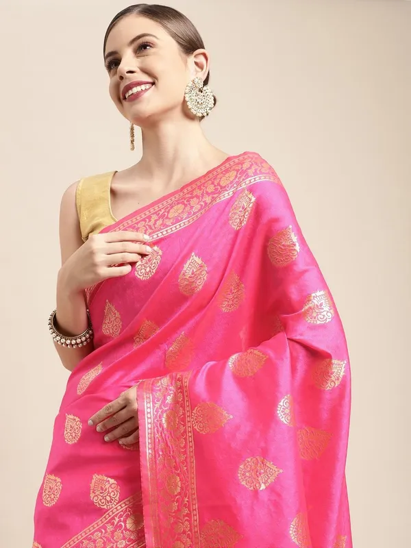 Maroon_&_Pink_Polyester_Silk_Jacquard_Premium_&_Elegant_(_Zari_Border_)_Banarasi_Plain_Border_Saree_With_Blouse_Piece_For_Women