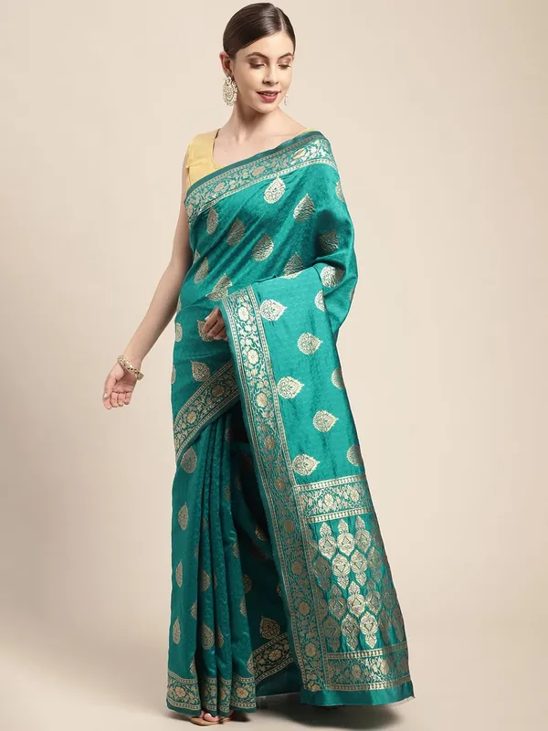 Green_Polyester_Silk_Jacquard_Premium_&_Elegant_(_Zari_Border_)_Banarasi_Plain_Border_Saree_With_Blouse_Piece_For_Women