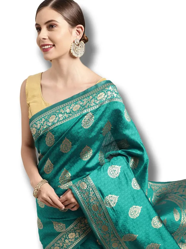 Green_Polyester_Silk_Jacquard_Premium_&_Elegant_(_Zari_Border_)_Banarasi_Plain_Border_Saree_With_Blouse_Piece_For_Women