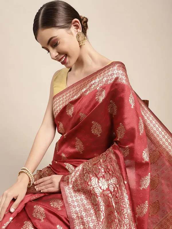 Cherry_Red_Polyester_Silk_Jacquard_Premium_&_Elegant_(_Zari_Border_)_Banarasi_Plain_Border_Saree_With_Blouse_Piece_For_Women