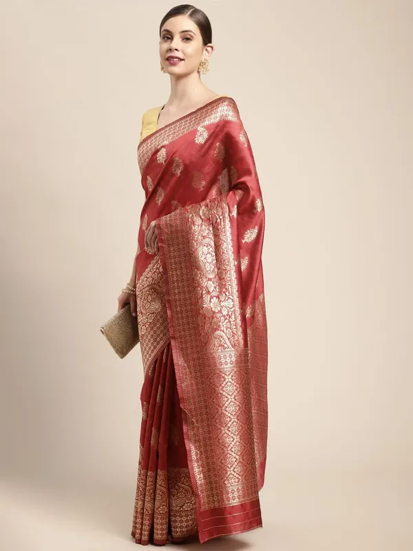 Cherry_Red_Polyester_Silk_Jacquard_Premium_&_Elegant_(_Zari_Border_)_Banarasi_Plain_Border_Saree_With_Blouse_Piece_For_Women