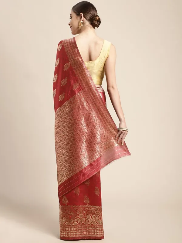 Cherry_Red_Polyester_Silk_Jacquard_Premium_&_Elegant_(_Zari_Border_)_Banarasi_Plain_Border_Saree_With_Blouse_Piece_For_Women