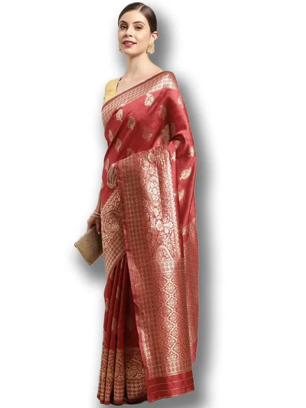 Cherry_Red_Polyester_Silk_Jacquard_Premium_&_Elegant_(_Zari_Border_)_Banarasi_Plain_Border_Saree_With_Blouse_Piece_For_Women
