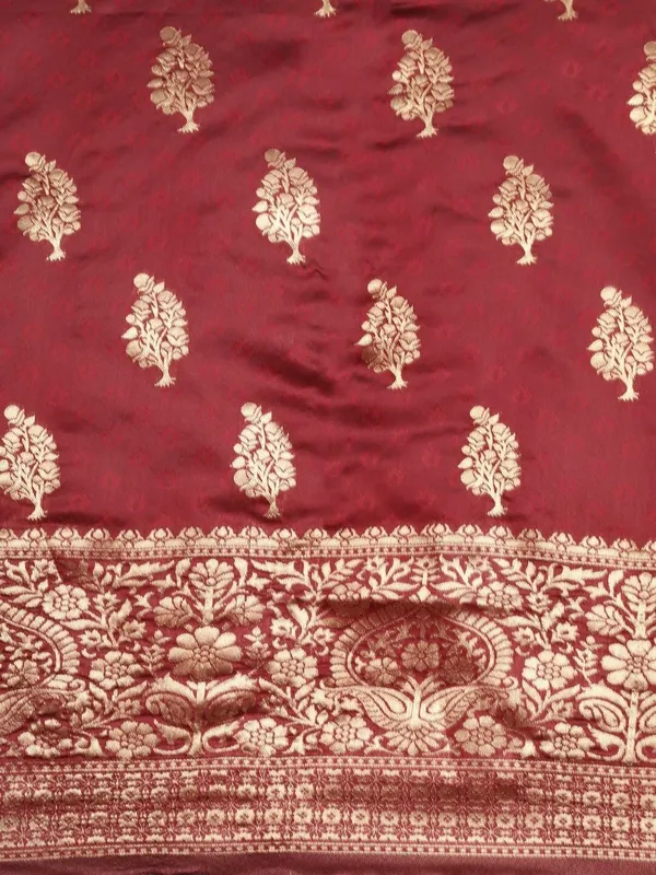Scarlet_Maroon_Polyester_Silk_Jacquard_Premium_&_Elegant_(_Zari_Border_)_Banarasi_Plain_Border_Saree_With_Blouse_Piece_For_Women