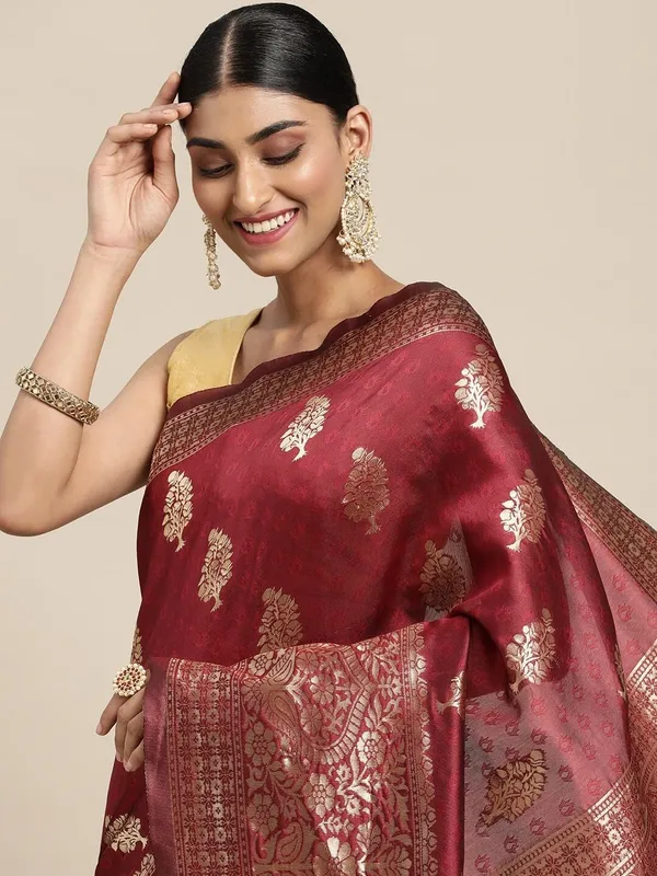 Scarlet_Maroon_Polyester_Silk_Jacquard_Premium_&_Elegant_(_Zari_Border_)_Banarasi_Plain_Border_Saree_With_Blouse_Piece_For_Women