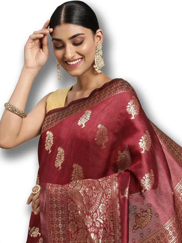 Scarlet_Maroon_Polyester_Silk_Jacquard_Premium_&_Elegant_(_Zari_Border_)_Banarasi_Plain_Border_Saree_With_Blouse_Piece_For_Women