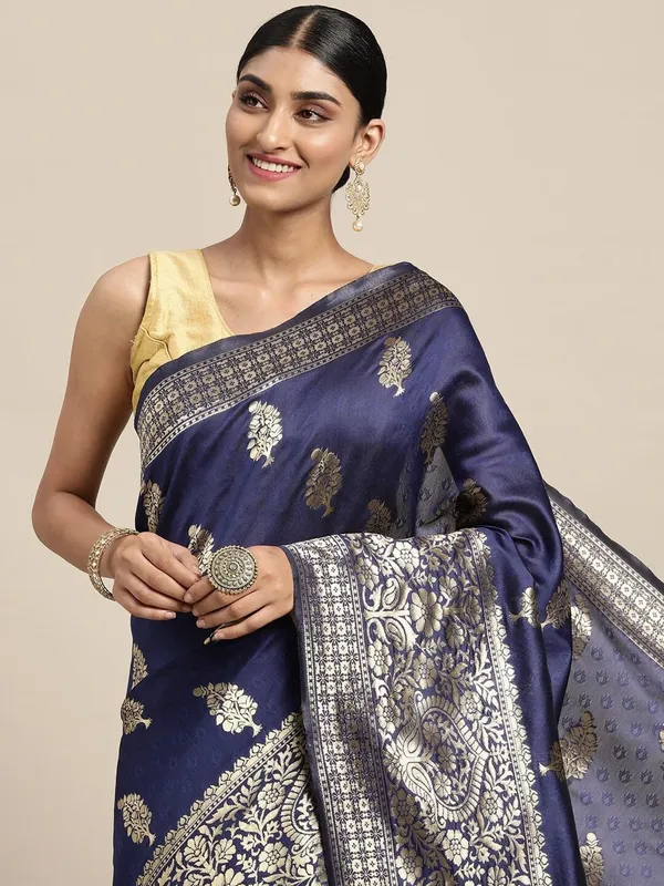 Violet_Blue_Polyester_Silk_Jacquard_Premium_&_Elegant_(_Zari_Border_)_Banarasi_Plain_Border_Saree_With_Blouse_Piece_For_Women