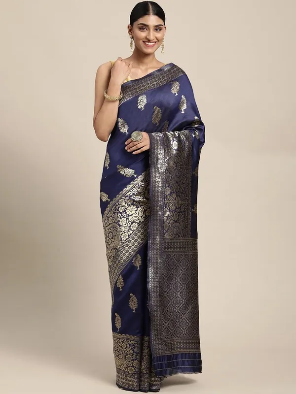 Violet_Blue_Polyester_Silk_Jacquard_Premium_&_Elegant_(_Zari_Border_)_Banarasi_Plain_Border_Saree_With_Blouse_Piece_For_Women