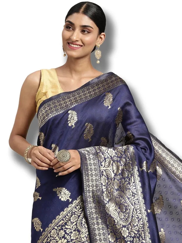 Violet_Blue_Polyester_Silk_Jacquard_Premium_&_Elegant_(_Zari_Border_)_Banarasi_Plain_Border_Saree_With_Blouse_Piece_For_Women