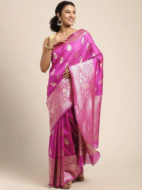 Light_Pink_Polyester_Silk_Jacquard_Premium_&_Elegant_(_Zari_Border_)_Banarasi_Plain_Border_Saree_With_Blouse_Piece_For_Women