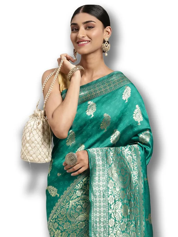 Blue_Polyester_Silk_Jacquard_Premium_&_Elegant_(_Zari_Border_)_Banarasi_Plain_Border_Saree_With_Blouse_Piece_For_Women
