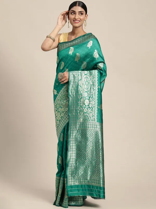 Blue_Polyester_Silk_Jacquard_Premium_&_Elegant_(_Zari_Border_)_Banarasi_Plain_Border_Saree_With_Blouse_Piece_For_Women
