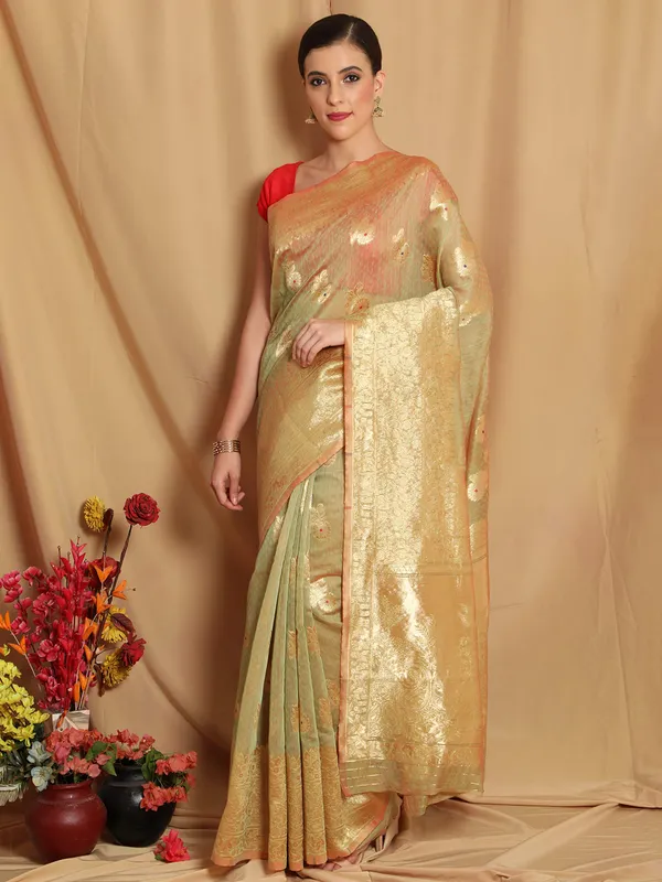 Cream_Polyester_Silk_Jacquard_Premium_&_Elegant_(_Zari_Border_)_Banarasi_Plain_Border_Saree_With_Blouse_Piece_For_Women