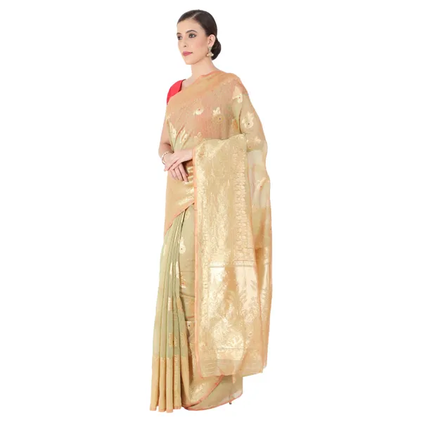 Cream_Polyester_Silk_Jacquard_Premium_&_Elegant_(_Zari_Border_)_Banarasi_Plain_Border_Saree_With_Blouse_Piece_For_Women