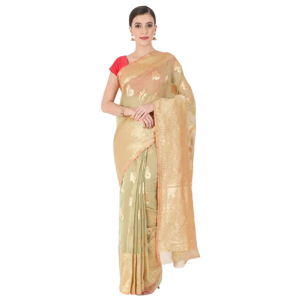 Cream_Polyester_Silk_Jacquard_Premium_&_Elegant_(_Zari_Border_)_Banarasi_Plain_Border_Saree_With_Blouse_Piece_For_Women