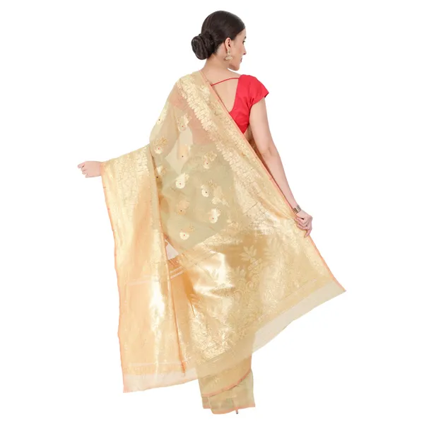 Cream_Polyester_Silk_Jacquard_Premium_&_Elegant_(_Zari_Border_)_Banarasi_Plain_Border_Saree_With_Blouse_Piece_For_Women