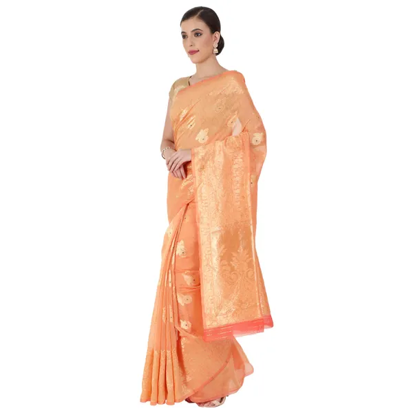 Light_Orange_Polyester_Silk_Jacquard_Premium_&_Elegant_(_Zari_Border_)_Banarasi_Plain_Border_Saree_With_Blouse_Piece_For_Women