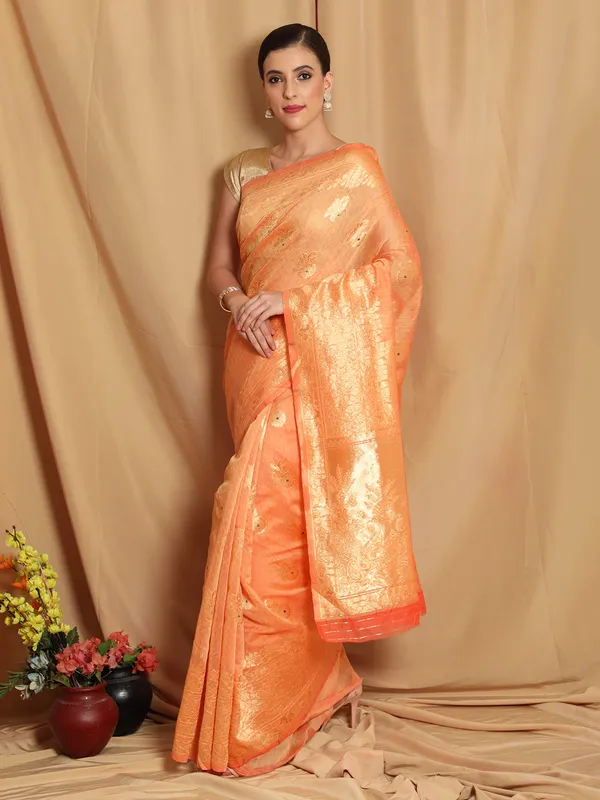 Light_Orange_Polyester_Silk_Jacquard_Premium_&_Elegant_(_Zari_Border_)_Banarasi_Plain_Border_Saree_With_Blouse_Piece_For_Women