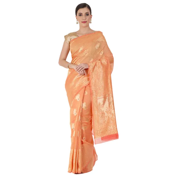Light_Orange_Polyester_Silk_Jacquard_Premium_&_Elegant_(_Zari_Border_)_Banarasi_Plain_Border_Saree_With_Blouse_Piece_For_Women