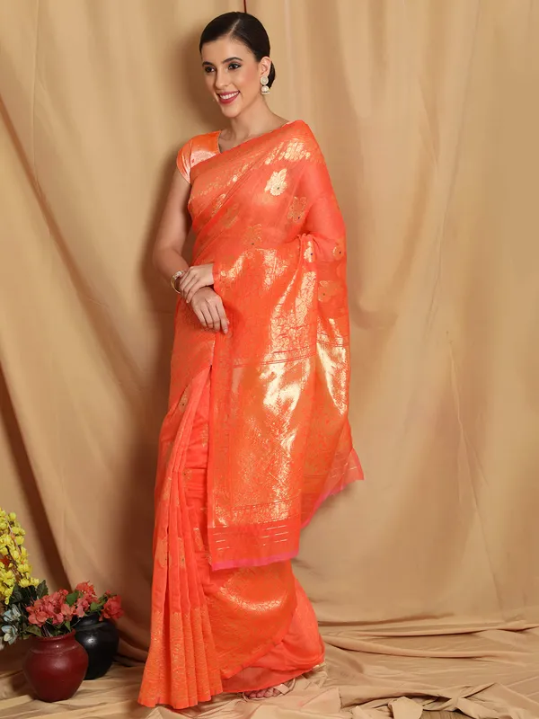 Dark_Orange_Polyester_Silk_Jacquard_Premium_&_Elegant_(_Zari_Border_)_Banarasi_Plain_Border_Saree_With_Blouse_Piece_For_Women