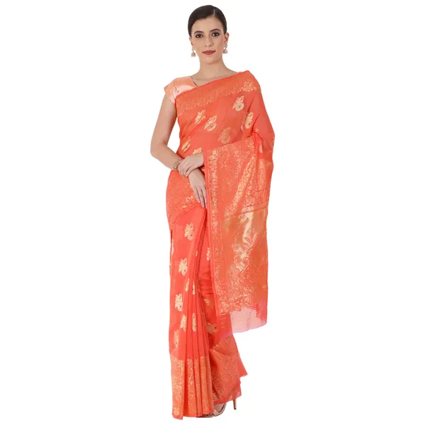 Dark_Orange_Polyester_Silk_Jacquard_Premium_&_Elegant_(_Zari_Border_)_Banarasi_Plain_Border_Saree_With_Blouse_Piece_For_Women