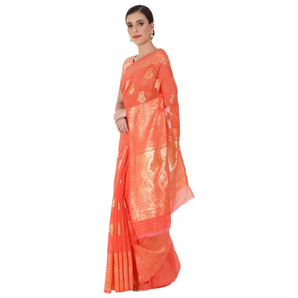 Dark_Orange_Polyester_Silk_Jacquard_Premium_&_Elegant_(_Zari_Border_)_Banarasi_Plain_Border_Saree_With_Blouse_Piece_For_Women