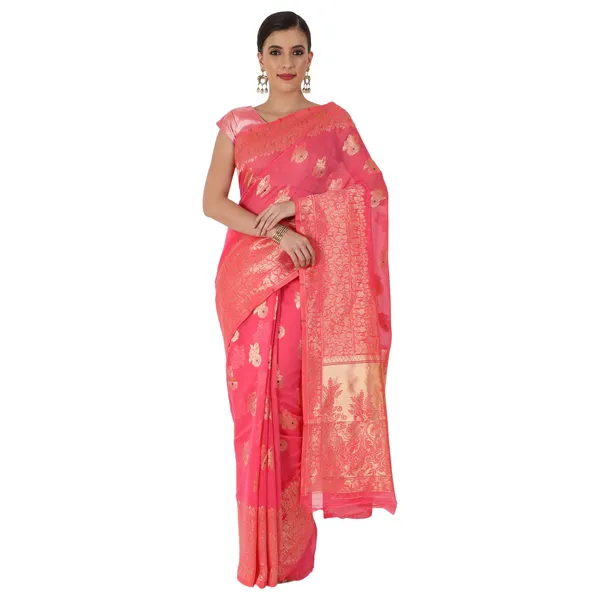 Fuchsia_Pink_Polyester_Silk_Jacquard_Premium_&_Elegant_(_Zari_Border_)_Banarasi_Plain_Border_Saree_With_Blouse_Piece_For_Women