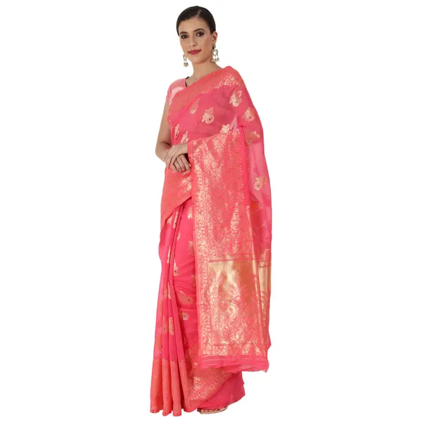 Fuchsia_Pink_Polyester_Silk_Jacquard_Premium_&_Elegant_(_Zari_Border_)_Banarasi_Plain_Border_Saree_With_Blouse_Piece_For_Women