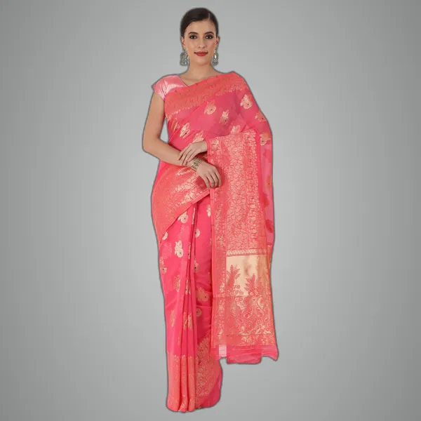 Fuchsia_Pink_Polyester_Silk_Jacquard_Premium_&_Elegant_(_Zari_Border_)_Banarasi_Plain_Border_Saree_With_Blouse_Piece_For_Women